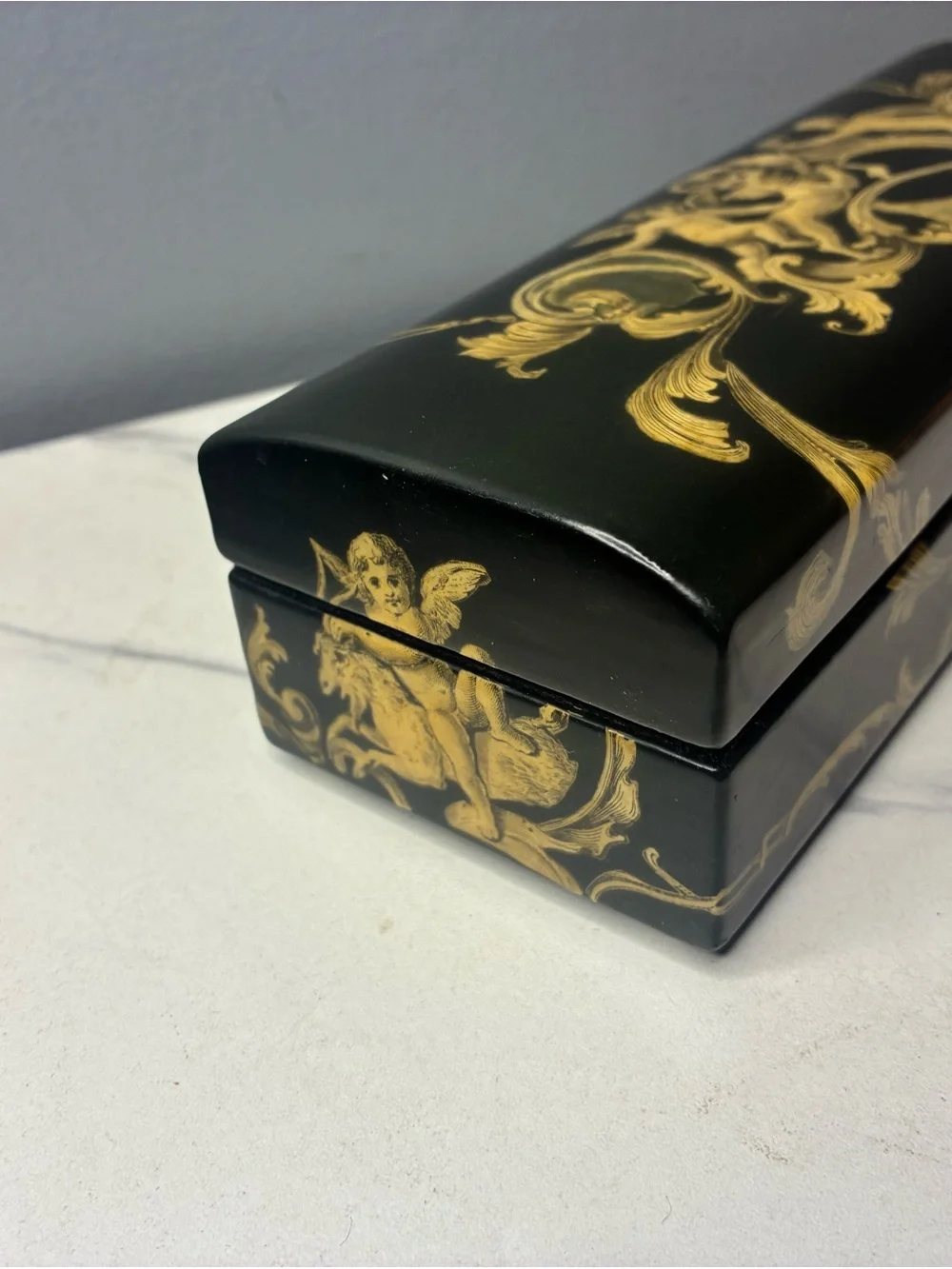 Signed 1972 Paula Geoffroy Lacquer Jewelry Box with Abalone Inlay